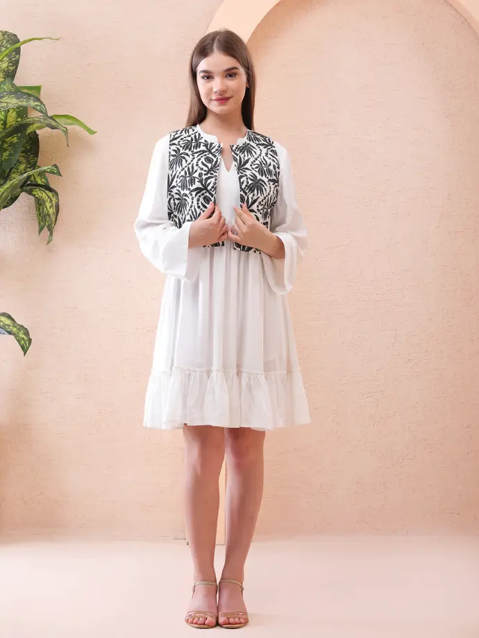 White Dress with Black floral Waistcoat