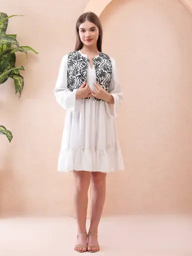 White Dress with Black floral Waistcoat
